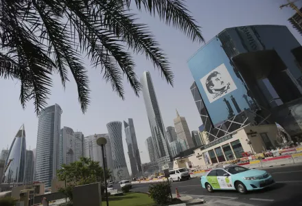 An image of the Emir of Qatar, Sheikh Tamim bin Hamad Al Thani, is displayed on a building in Doha, Qatar on May 5, 2018. A year into the GCC blockade, Qatar is still economically healthy.