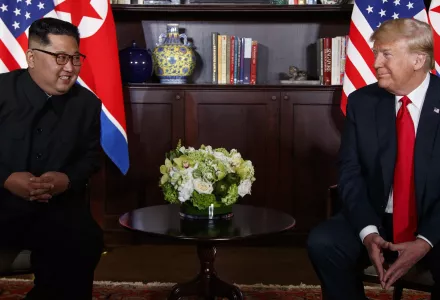 President Donald Trump meets with North Korean leader Kim Jong Un on Sentosa Island on Tuesday, June 12, 2018, in Singapore.