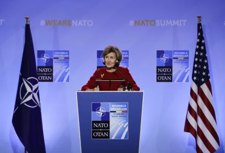 U.S. Ambassador to NATO Kay Bailey Hutchison speaks during a media conference at NATO headquarters in Brussels on Tuesday, July 10, 2018. (AP Photo/Markus Schreiber)
