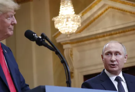 Donald Trump and Vladimir Putin take questions from the press after their meeting on July 16, 2018.