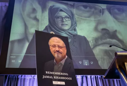 A video image of Hatice Cengiz, fiancee of slain Saudi journalist Jamal Khashoggi. (AP Photo/J. Scott Applewhite)