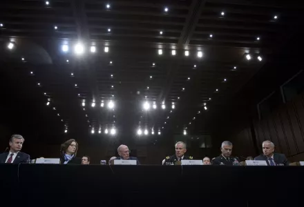 From left, CIA Director Gina Haspel, Director of National Intelligence Daniel Coats, and Defense Intelligence Agency Director Gen. Robert Ashley, with (not pictured) FBI Director Christopher Wray, National Security Agency Director Gen. Paul Nakasone and National Geospatial-Intelligence Agency Director Robert Cardillo testify before the Senate Intelligence Committee on Capitol Hill in Washington Tuesday, Jan. 29, 2019.