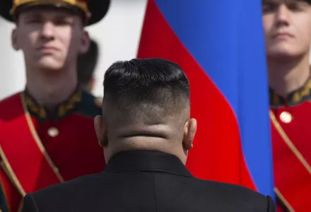 North Korean Supreme Leader Kim Jong Un stands at attention as the Russian national anthem play in Vladivostok, Russia, April 26, 2019.