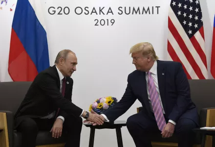 President Donald Trump, right, shakes hands with Russian President Vladimir Putin during a bilateral meeting on the sidelines of the G-20 summit in Osaka, Japan, Friday, June 28, 2019. (AP Photo/Susan Walsh)