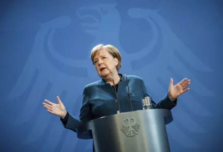 German Chancellor Angela Merkel speaks at a press conference about coronavirus, in Berlin, Sunday, March 22, 2020.