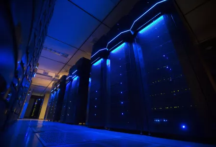 Server racks inside a data center at American Electrical Power headquarters in Columbus, Ohio, May 2015.