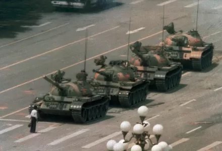 A man stands resolutely in the way of line of tanks in Tiananmen Square, June 5, 1989.