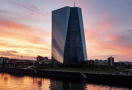 The European Central Bank building during sunset in Frankfurt, Germany