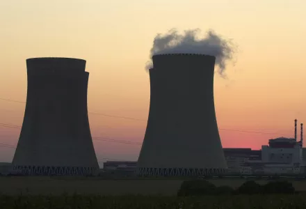 Steam billowing from cooling tower of nuclear power plant