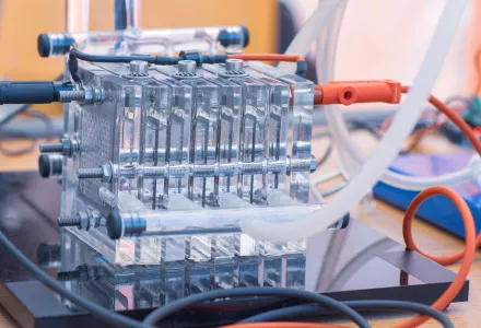 A hydrogen fuel cell in a workshop