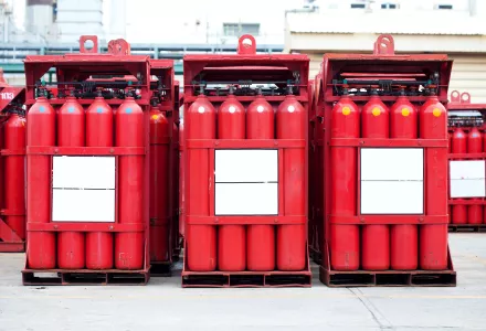 Hydrogen gas cylinders at a fueling station.