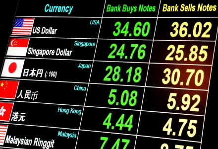 A computer screen showing a table of currency exchange rates.