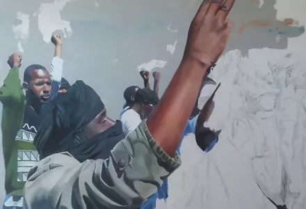 Oil painting of four men