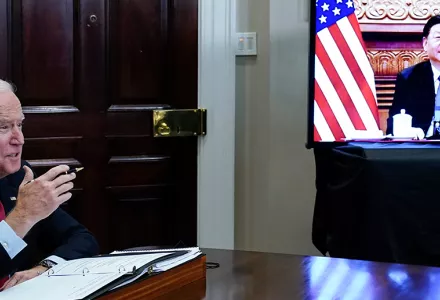 President Joe Biden meets virtually with Chinese President Xi Jinping from the Roosevelt Room of the White House in Washington, Monday, Nov. 15, 2021.