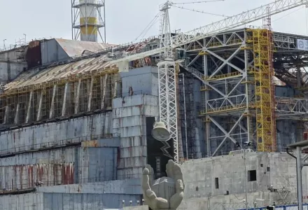 A monument in front of reactor 4 at Chernobyl.