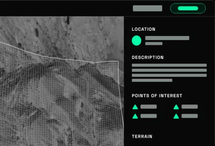 A burnt dark grey with background with an isometric illustration of digital grey and black scene with wording.