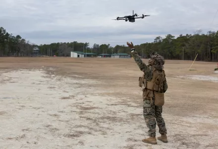 U.S. Marine Corps Lance Cpl. Donte Mathews flies an unmanned aircraft system during a mortar range on Camp Lejeune, North Carolina, Jan. 17, 2023.