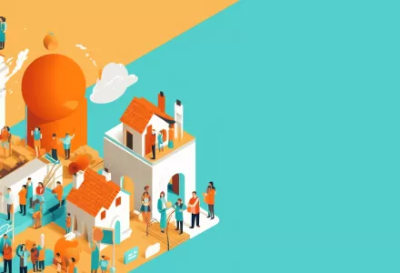 An orange and blue background with an isometric illustration of digital buildings and people