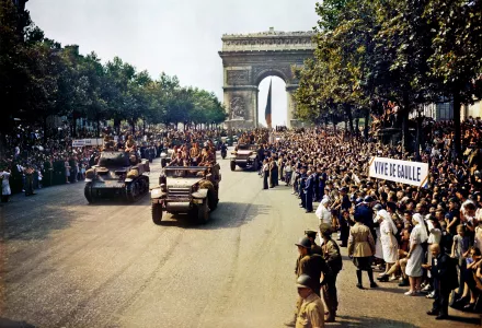 Crowds of French patriots line the Champs Elysees after Paris was liberated on August 26, 1944.