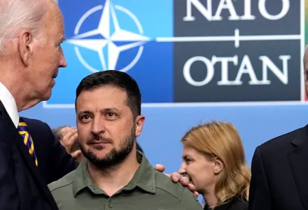 NATO Secretary General Jens Stoltenberg, United States President Joe Biden, Ukraine's President Volodymyr Zelenskyy and NATO Deputy Secretary General Mircea Geoana stand during a meeting of the NATO-Ukraine Council during a NATO summit in Vilnius, Lithuania, Wednesday, July 12, 2023. 