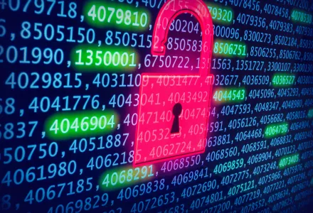 Computer screen covered in numbers with red unlocked lock