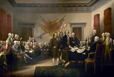  Declaration of Independence, an 1819 painting by John Trumbull, depicts the Committee of Five (John Adams, Thomas Jefferson, Benjamin Franklin, Roger Sherman, and Robert Livingston) presenting their draft to the Second Continental Congress on June 28, 1776
