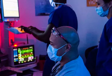Staff at the Naval Medical Center San Diego’s Radiology Department monitor a patient during a brain MRI, August 12, 2020.