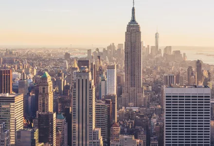 The New York City skyline, as seen looking south, at sunset.