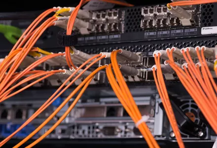 Fiber optic cables in a datacenter.