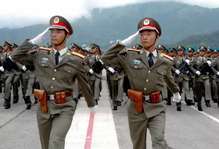 Soldiers of the People's Liberation Army training for a parade, Hong Kong, Saturday, July 31, 2004.