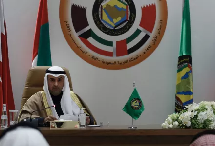 Secretary General of the Gulf Cooperation Council (GCC) Nayef Falah Al-Hajraf during a press conference during the 41st Gulf Cooperation Council (GCC) meeting being held in Al Ula, Saudi Arabia, Tuesday, Jan. 5, 2021.
