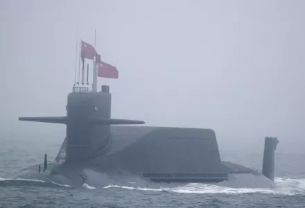 A type 094A Jin-class nuclear submarine Long March 10 of the Chinese People's Liberation Army (PLA) Navy participates in a naval parade to commemorate the 70th anniversary of the founding of China's PLA Navy in the sea near Qingdao in eastern China's Shandong province, April 23, 2019.