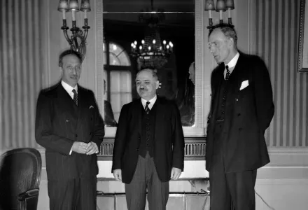 It was announced, that a pact of mutual assistance has been negotiated between the British, French, and Soviet governments. It is stated that the British Cabinet is sending their draft of the fact, negotiated mainly by Lord Halifax during his visit to Geneva, to Moscow and Paris for approval within the next twenty-four hours. From left to right are Georges Bonnet, the French Foreign Minister, Ivan Maisky, the Russian Ambassador in London, and Lord Edward Halifax, the British Foreign Minister, at Geneva, Swi