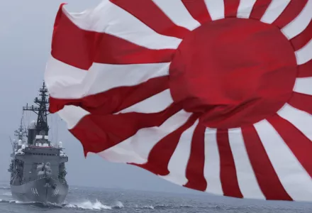 Japan Maritime Self-Defense Force escort ship "Kurama," left, navigates behind destroyer "Yudachi," in water off Sagami Bay, October 14, 2012.