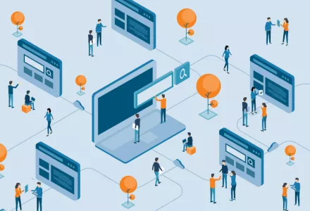 A blue background with an isometric illustration of people standing around digital billboards.