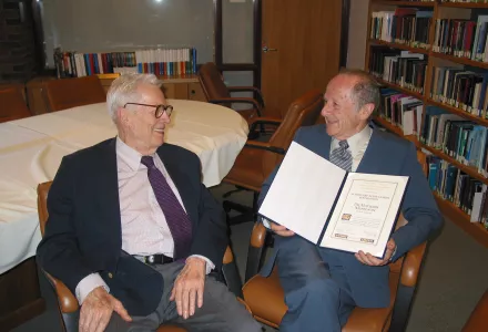 Matthew Meselson (right) in 2004 with the late Paul Doty, Belfer Center founder, who congratulated Meselson for receiving the Albert and Mary Lasker Foundation Special Achievement Award.