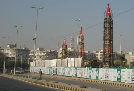 The Ghauri–I (first on right) display at the IDEAS exhibition held in Karachi, mounted in its TEL launch mechanism. c. 2008.