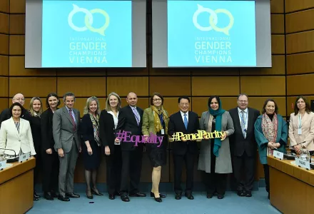 Senior officials from around the world, including IAEA DG Rafael Mariano Grossi, together at an International Gender Champions meeting in Vienna in March 2020.