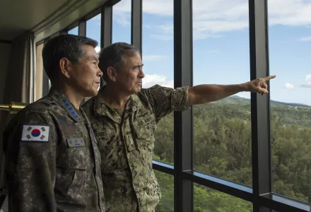 Navy Adm. Harry Harris, Commander, U.S. Pacific Command, meets with Republic of Korea Chairman of the Joint Chiefs of Staff, Gen. Jeong Kyeong-doo, before a trilateral meeting between the U.S., Republic of Korea, and Japan at PACOM headquarters.
