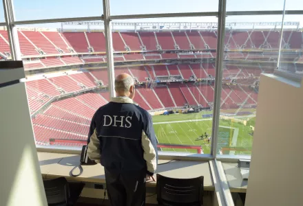 Jeh Johnson, then Secretary of DHS, inspects the security at Levi’s Stadium in Santa Clara, California, before Super Bowl 50.