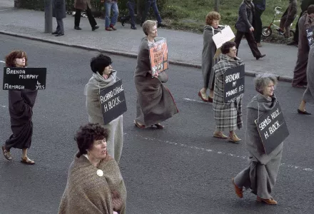 Women parade in blankets to simulate the “on-the-blanket” prisoners held in H-Blocks at the Maze Prison in Belfast, Northern Ireland in April 1981.