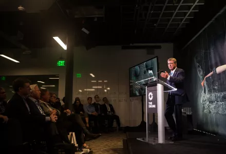 Transformative Impact: Belfer Center Director Ash Carter speaks in September at a special event of The Engine, founded by MIT in 2016 to encourage “tough tech innovations.”