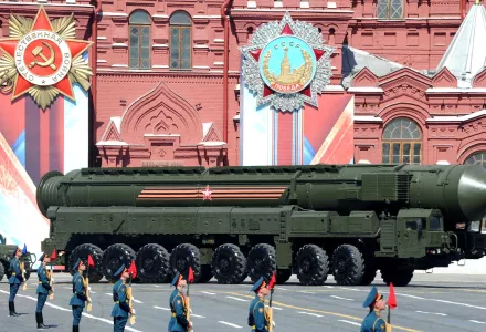 A missile on display during a military parade in Moscow's Red Square in 2016.