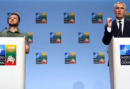 NATO Secretary General Jens Stoltenberg, right, and Ukraine’s President Volodymyr Zelenskyy address a media conference during a NATO summit