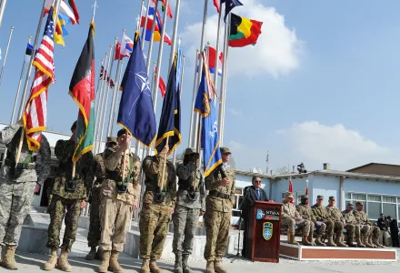 Abdul Rahim Wardak, Afghan Minister of Defense, gives a speech during the NATO Training Mission Afghanistan change of command ceremony at Camp Eggers, Kabul, Afghanistan Nov. 5, 2011.