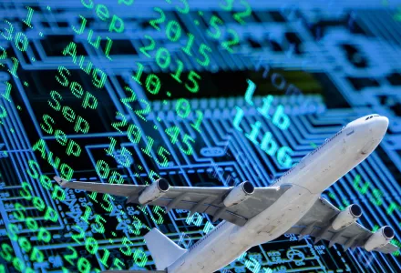 An image of a passenger airplane superimposed on computer code and a computer chip.