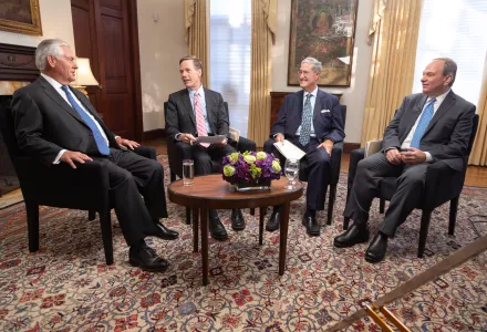 Former Secretary of State Rex Tillerson (left) with Professors Nicholas Burns, Robert Mnookin, and James Sebenius.