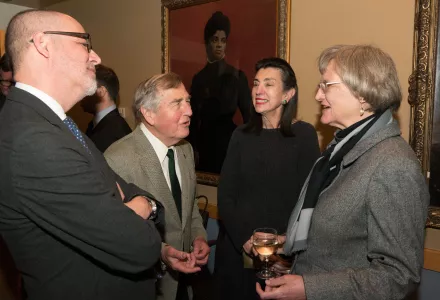 Harvard President Drew Faust (right) with Laurence D. Belfer Professor of International Affairs Fredrik Logevall (left), Belfer Center Director Graham Allison, and Anne Karalekas, associate with the Applied History Project, which hosted President Faust at a special working group dinner.