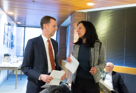 Juliette Kayyem with Dean Douglas Elmendorf before a JFK Jr. Forum on President Trump’s executive orders on immigration. (Benn Craig)