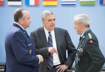 NATO Ambassador Douglas E. Lute (center) with General Philip Breedlove (left) and General Knud Bartels at a meeting of the NATO-Ukraine Commission, June 3, 2014.